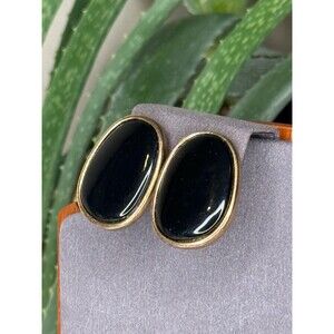 Vintage Black Cabochon Gold Clip On Earrings Minimalist Oval Statement 80s 90s